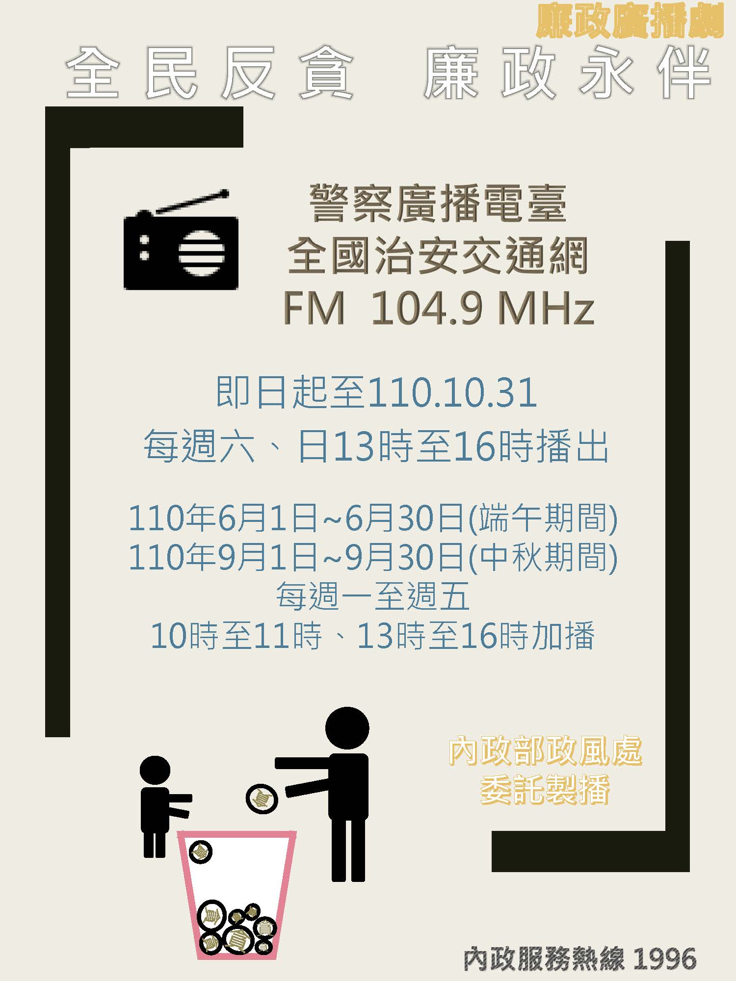 為提升社會大眾對防貪、反貪的認同與支持，內政部委請警察廣播電臺製播廉政廣播短劇5則，請轉知所屬並鼓勵民眾踴躍收聽(將開啟新視窗)